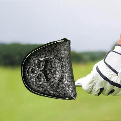Golf Mallet Putter Cover Magnetic Closure Faux Leather Club Headcover with Skull Pattern for Woods Driver Fairway Hybrid