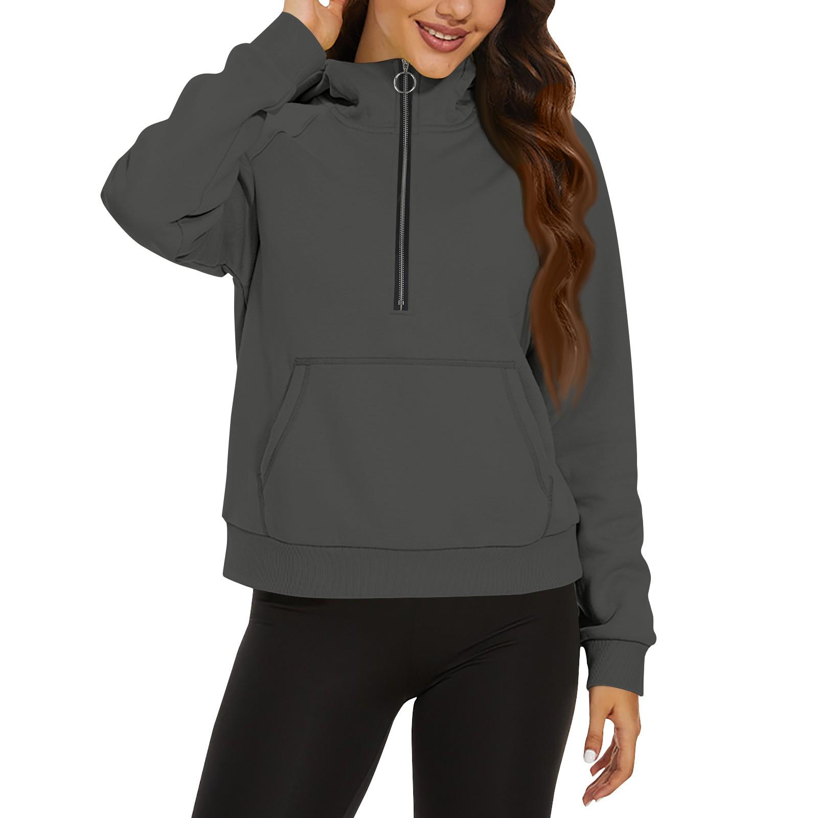 

Женская повседневная модная однотонная свободная толстовка с длинным рукавом и карманом на молнии с капюшоном M