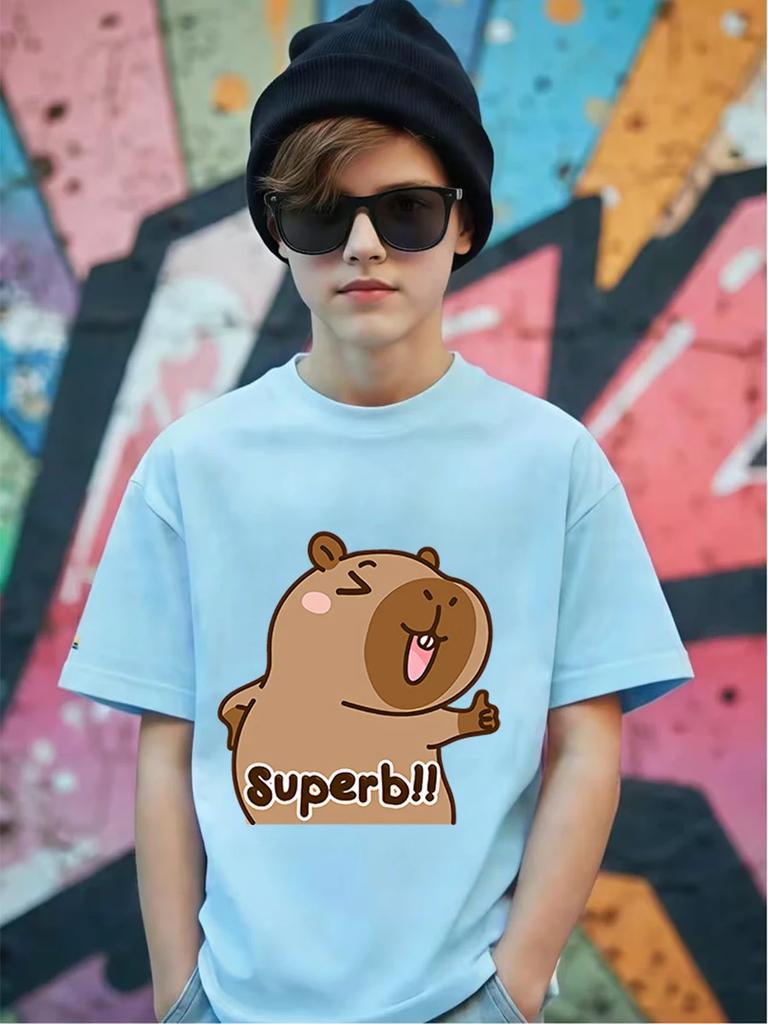 Sunny Capybara Kids Short Sleeve Top Summer Cute Cartoon Crewneck Boys Girls Ages 3-14