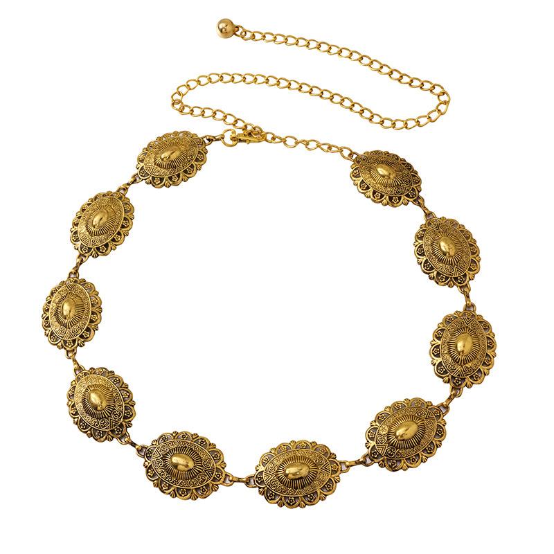 European and American Ancient Gold Blackened Western InS-style Metal Women's Waist Chain with Retro Carvings