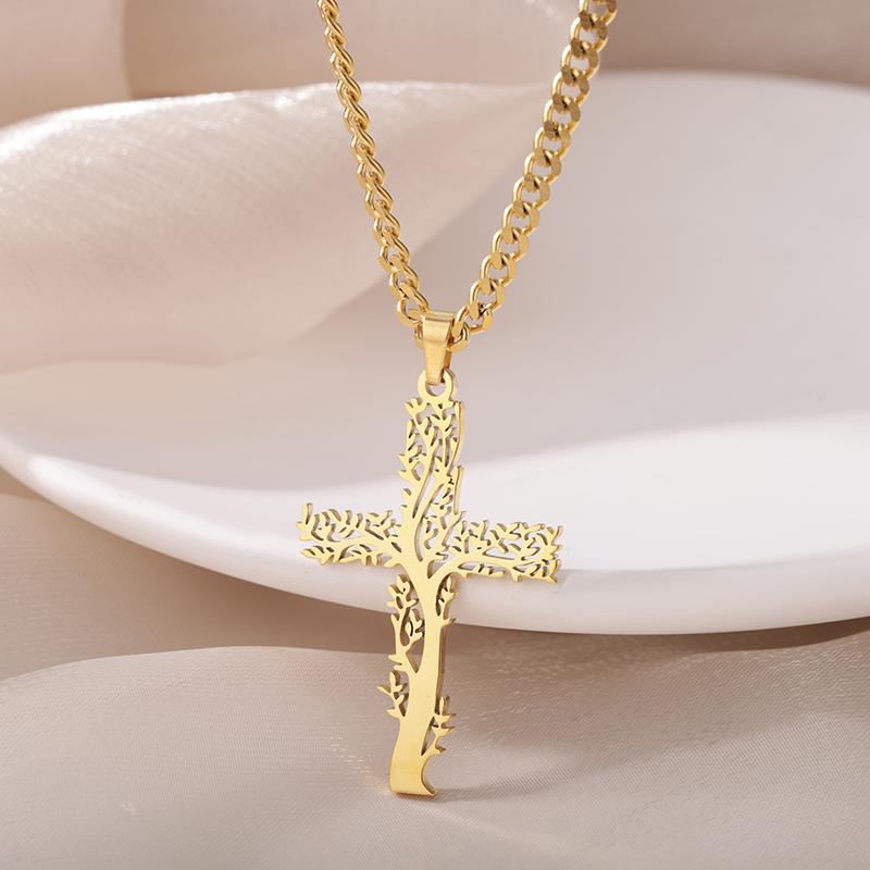 Edelstahl Baum Kreuz Halsketten Für Frauen Männer Gold Farbe Kubanischen Kette Anhänger Halskette Männlich Weiblich Schmuck Geburtstag Geschenk
