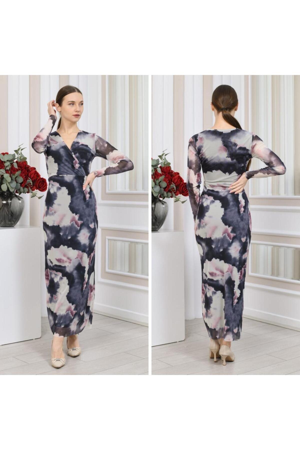 

Женское платье большого размера с v-образным вырезом и тюлевым принтом из лайкры L