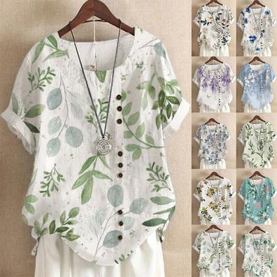 Chemise d'été en coton et lin pour femme Hauts décontractés amples à manches courtes avec imprimé rétro
