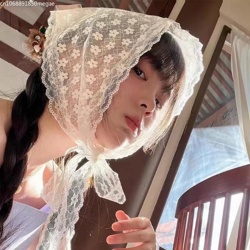 Summer White Woven Floral Lace Hair Scarf Wraps Women Retro Triangle Headscarf Hat Travel Photo Headband Hair Accessories