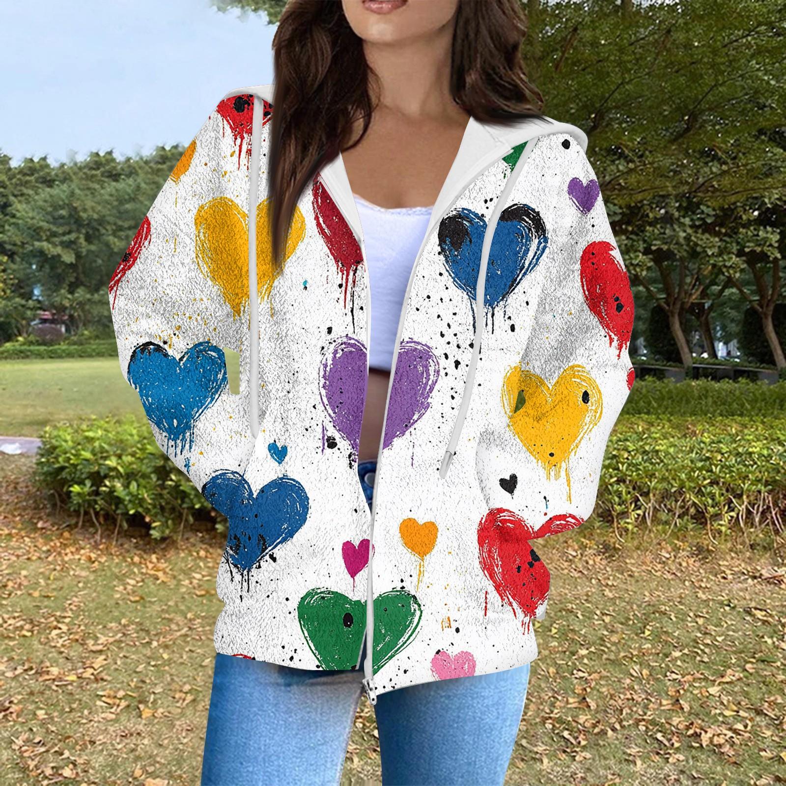 

Женская мода повседневная куртка-кардиган с длинным рукавом и принтом ко Дню святого Валентина с карманом на молнии XL белый