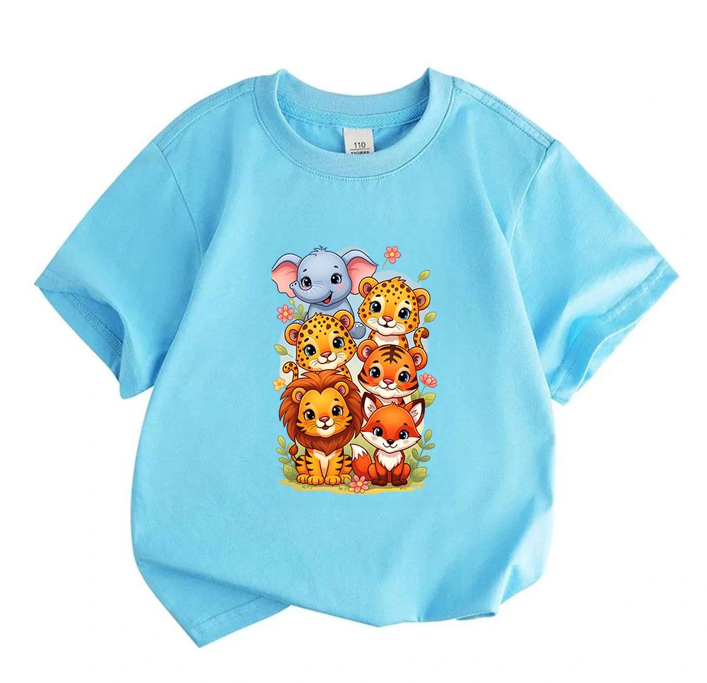 Cute Safari Animal Cartoon Print Kids T Shirt, 100% Cotton Short Sleeve O-neck Casual Tees for Boys Girls, Elephant Leopard Lion Fox Pattern Soft Comf