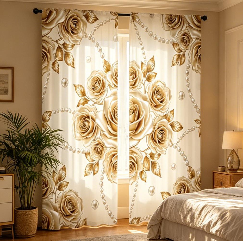 2PCS Digital Printed Curtains, Pearl Shimmer Rose Luxurious Elegant, Rod Pocket Window Drapes for Living Room Bedroom Decor