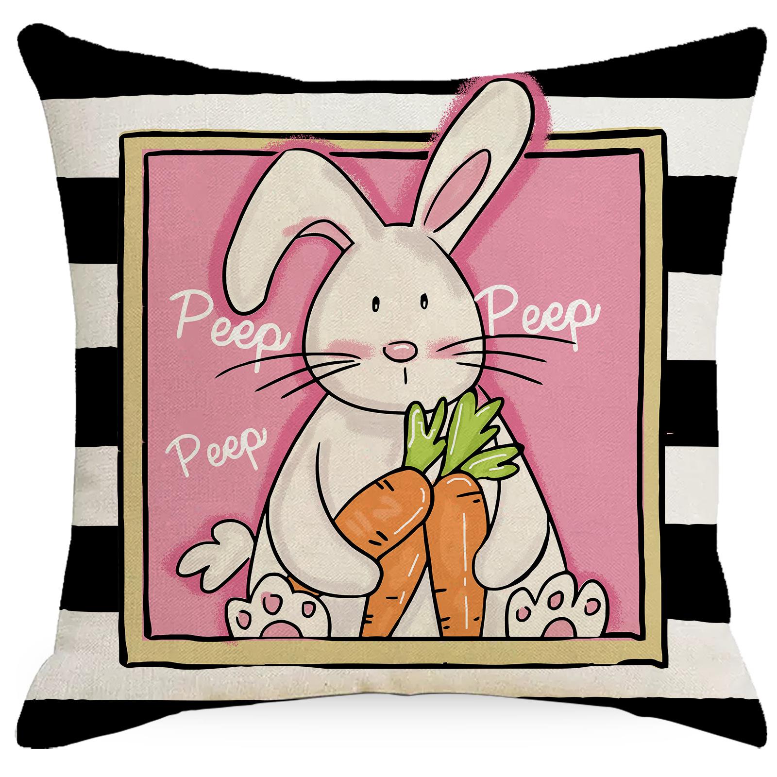 

New Easter Spring Linen Cushion Cover Pink Rabbit Carrot Print Home Sofa Cushion Cover 45 * 45Cm without pillow core