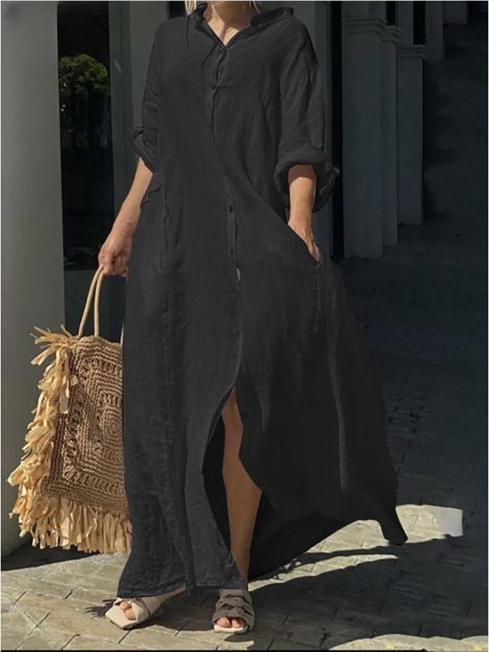 2024 Lässiges Baumwoll-Leinen Taschenhemd Kragen Langkleid, Übergröße