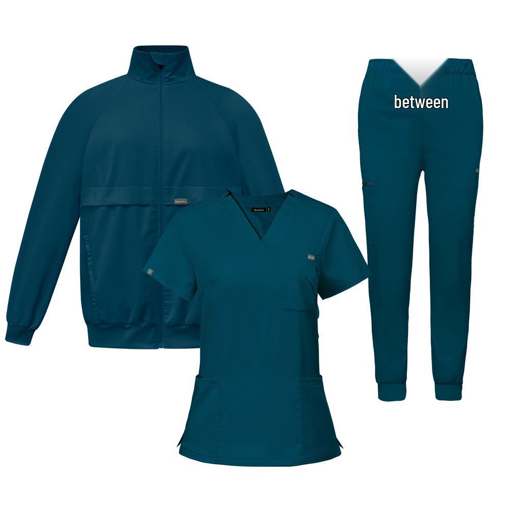 Three-Piece Nurse Scrub Set: V-Neck Jacket, Short-Sleeved Top, Long Pants with Elastic Waist.