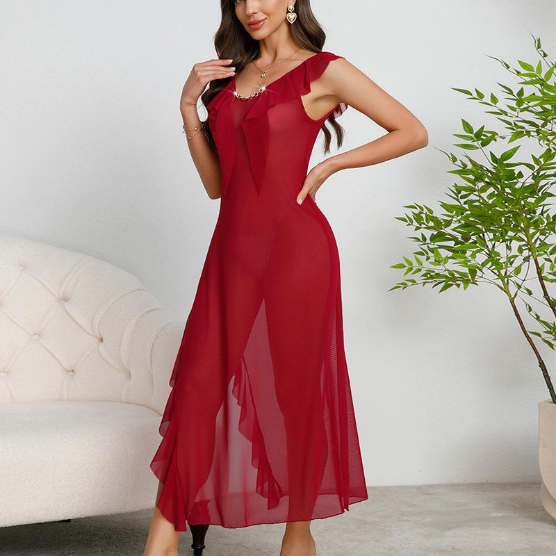 Mesh Long Ruffle Nightgown Backless Cami Pearl Decor Sexy Women's Comfortable Loungewear 885 Romantic Glamorous Sleepwear with Elegant Accents