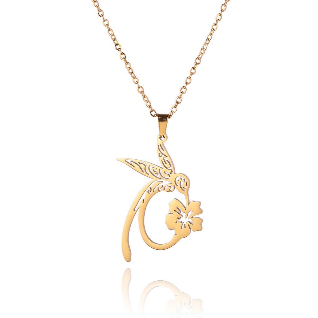 Hummingbird flower pendant necklaces for women and girls, stainless steel, gold color, choker, animal jewelry, birthday gift.