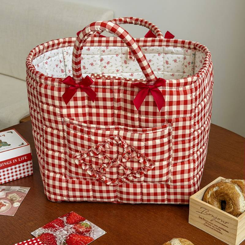 Cotton Storage Basket With Bow Pattern For Home Organization And Kids Room Use