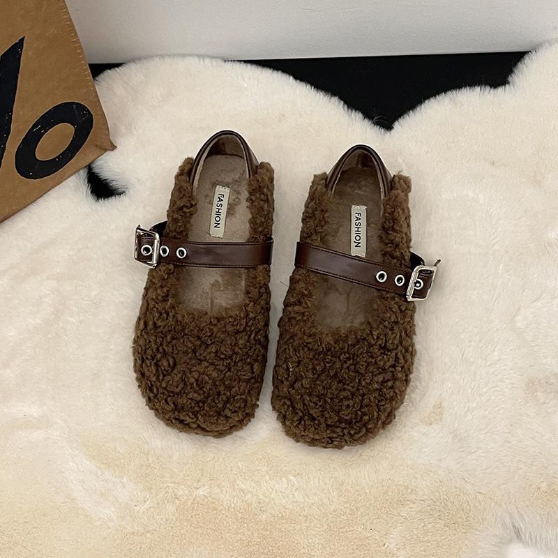 Gentle Wind Light Mouth Fluffy Shoes Single Shoes 2025 Autumn and Winter New Outer Wear Piled Thickened Mary Jane Cotton Shoes