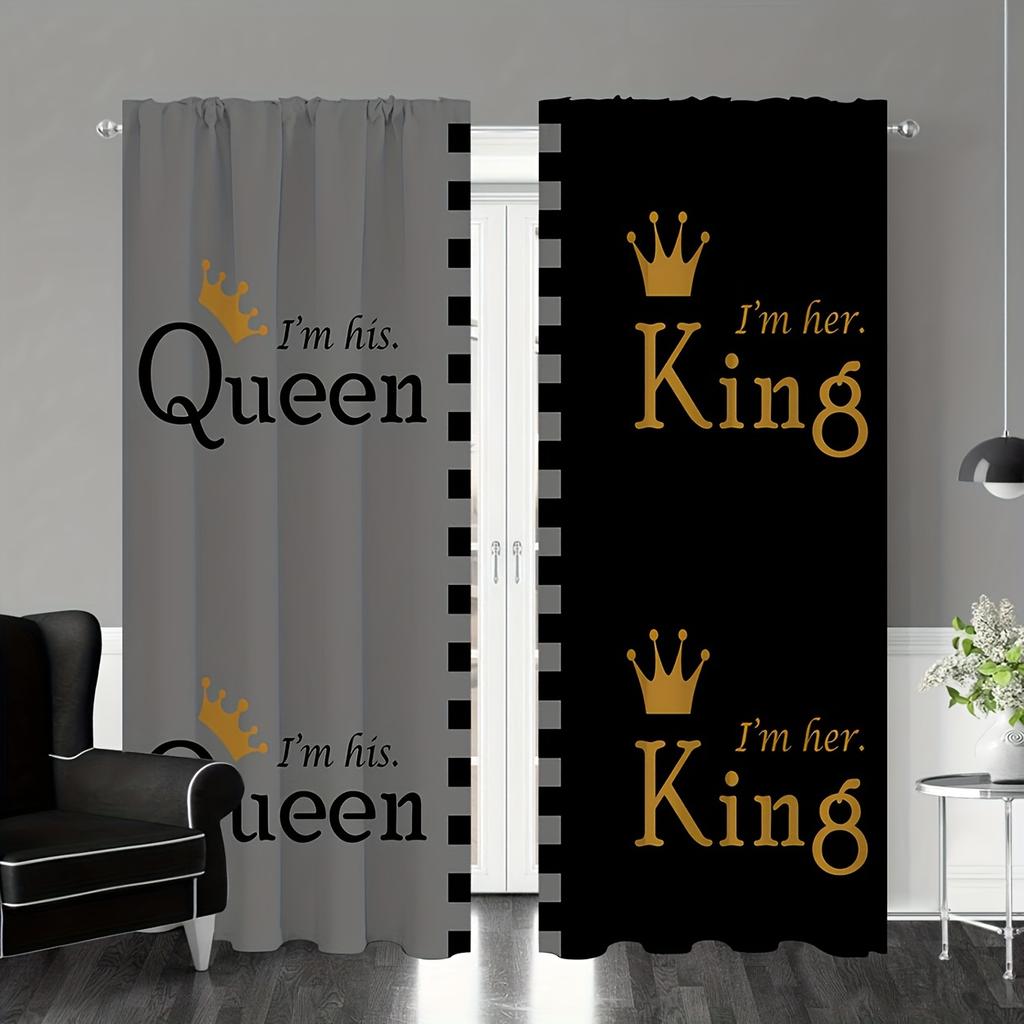 2 st Drottning- & Kungtryckta Gardiner - Grå & Svarta Polyester Kanalgardiner För Sovrum, Kontor & Vardagsrumsinredning