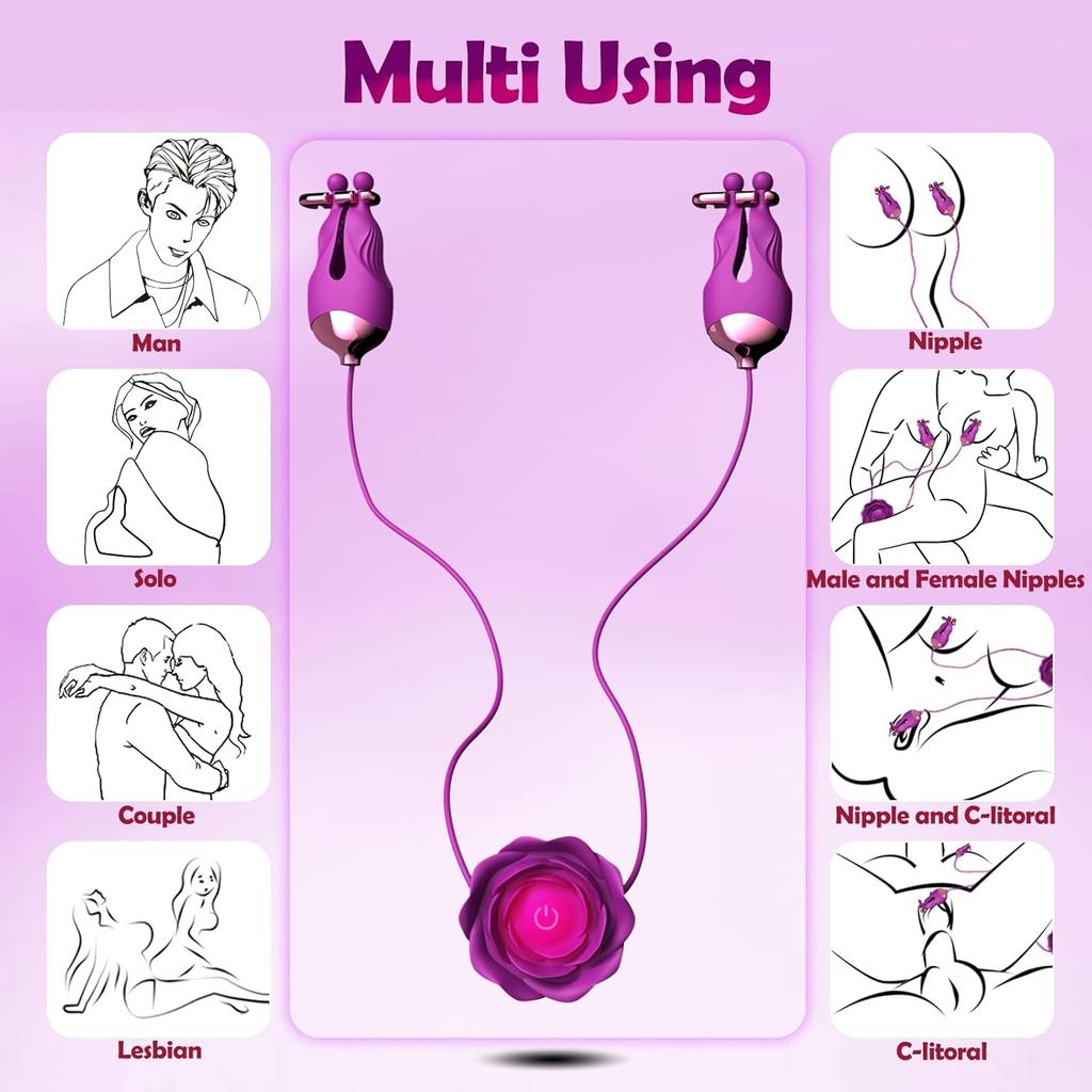 Nipple Toys Rose Sex Toy, Nipple Vibrator with 10 Vibration Modes Adjustable Rechargeable Vibrating Nipple Clamps Adult Toys