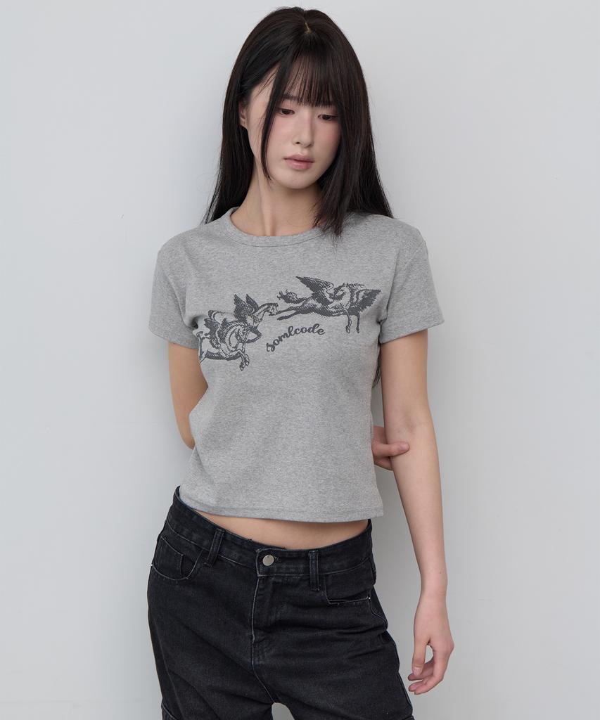 5OML Horse Slim Crop Short Sleeve Melange Grey
