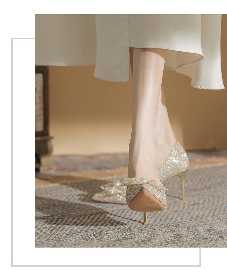 Champagne Gold Crystal Bow High Heels for Women - Elegant French Niche Bridal Shoes