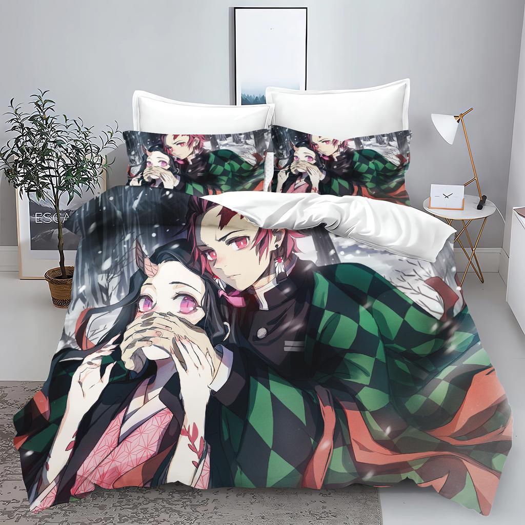 Demon slakter: Kimetsu no Yaiba kamado Nezuko Anime 100% Polyester Sengetøy Sett Dynetrekk Sett Trykt Tegneserie Hjemmeinnredning