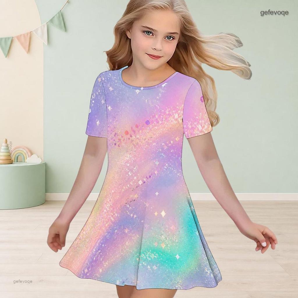 Girls Round Neck Short Sleeve A Line Dress Pastel Rainbow Glitter Printed Flared Hem
