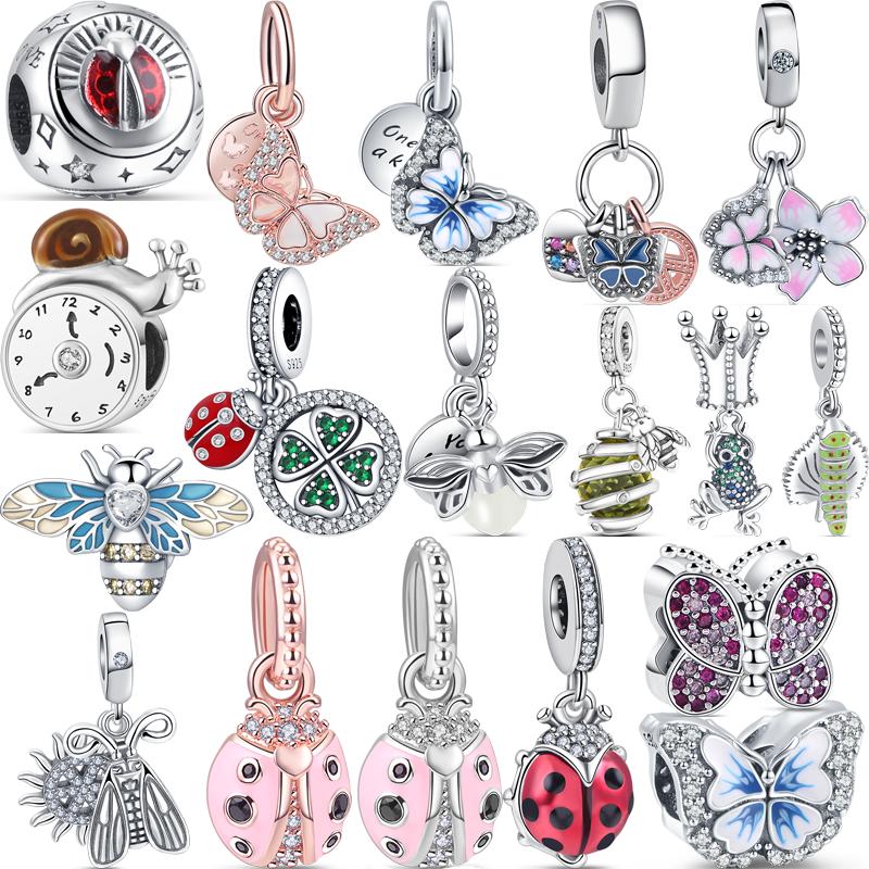 

Стерлингового серебра 925 пробы, пчела, бабочка, светлячок, божья коровка, лягушка, улитка, насекомое, тонкие бусины, подходят для оригинального браслета-подвески, ювелирные изделия своими руками