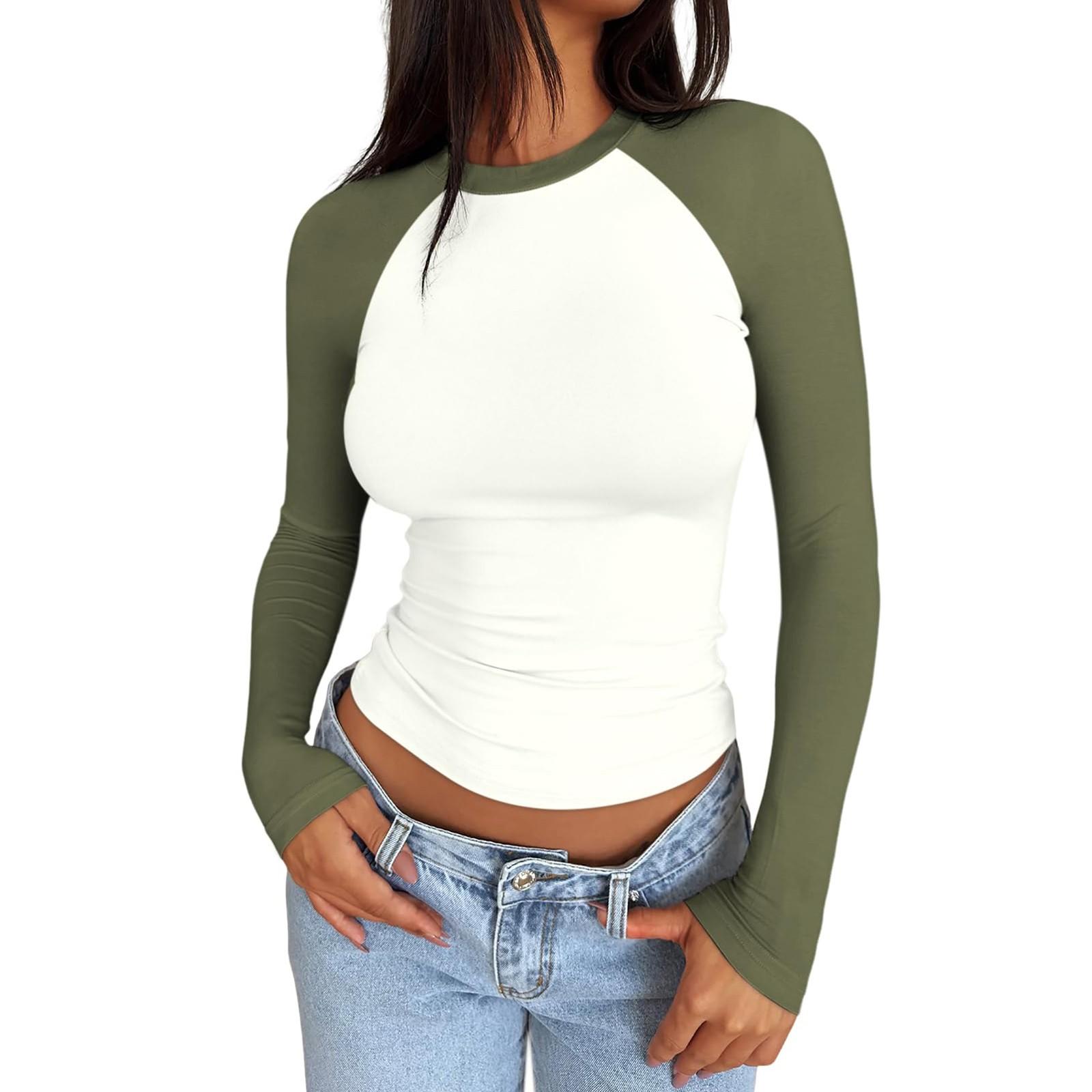 Women s Long Sleeve Shirts Slim Fit Stretchy Color Block Slightly Cropped Tops M