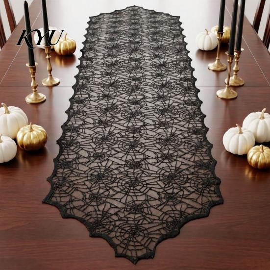 Spiderweb Table Runner Halloween Runner, Black Lace Spider Web Runners, 17.7 X Vintage Cover 70.9Inch for Home Party Dinner Kitchen Mantel Bedroom