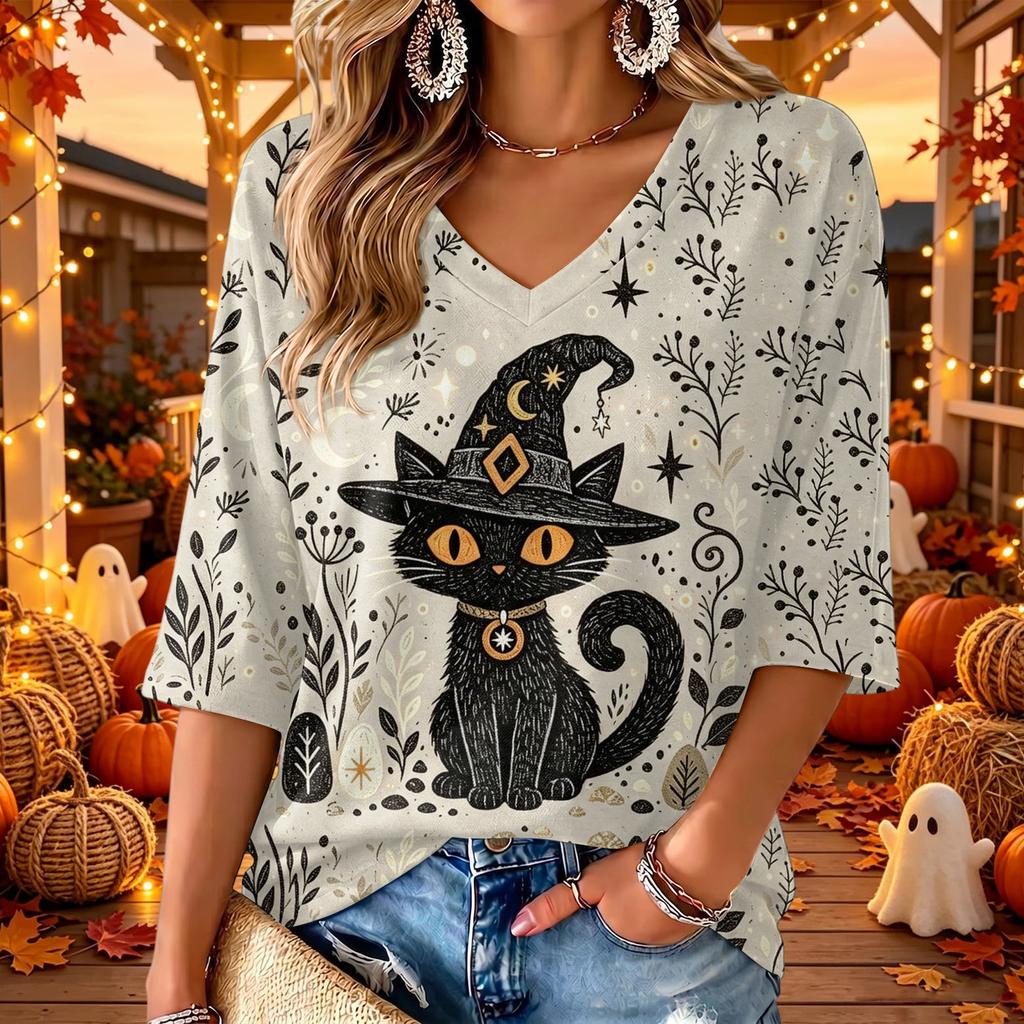 Women's Stylish V-Neck Three-Quarter Sleeve Casual Halloween Print Top