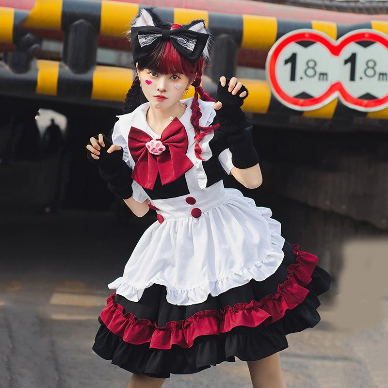 J-yuefang Maid Dress Costume Black Red Polyester S-XXL