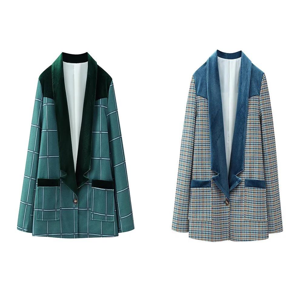 Spring and Autumn New Product Women's Fashion Simple Velvet Splice Embroidered Fabric Patch Long Sleeved Loose Suit Coat