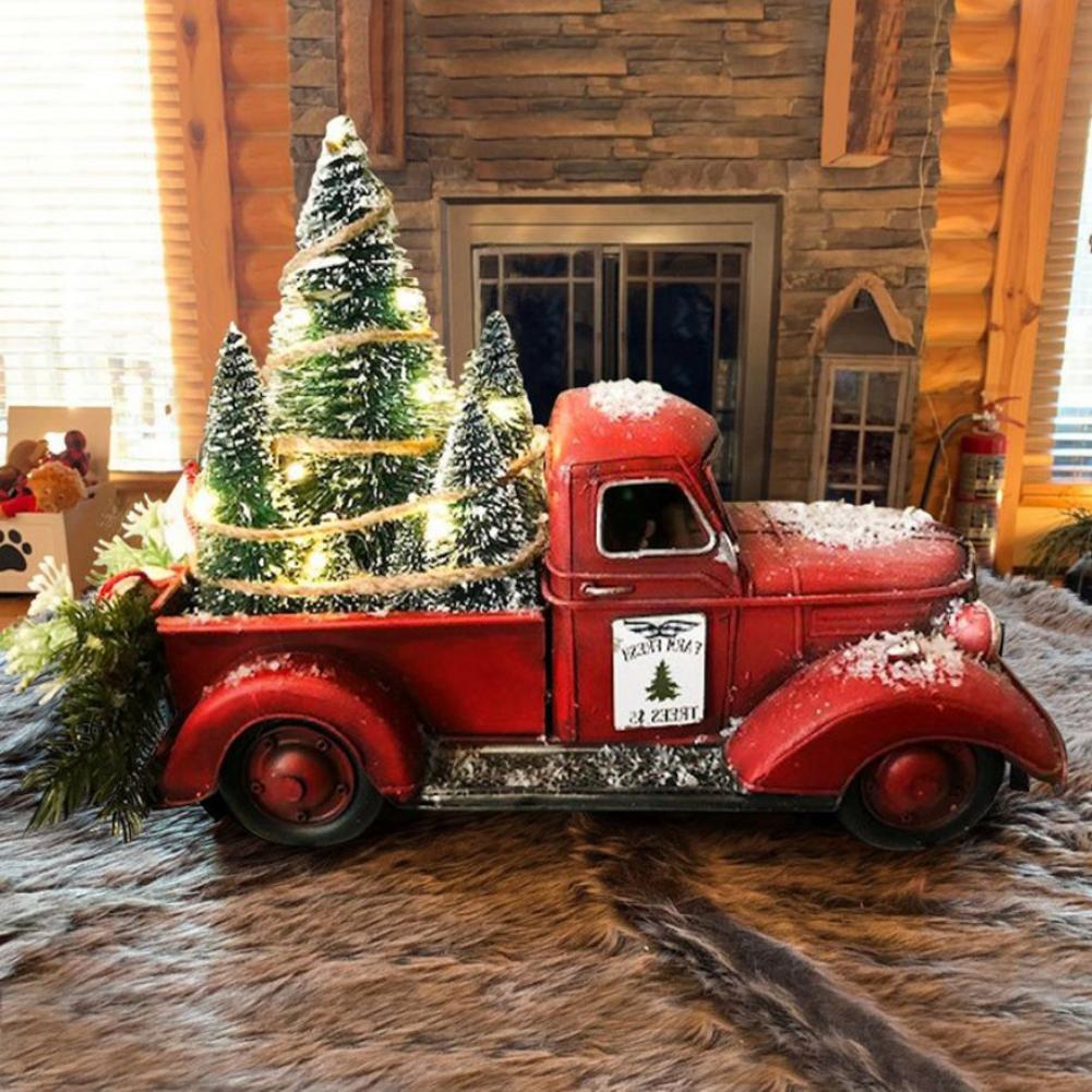 Christmas Retro Red Truck Ornaments Metal Car With Mini Green Tree And Box Xmas Table Decoration