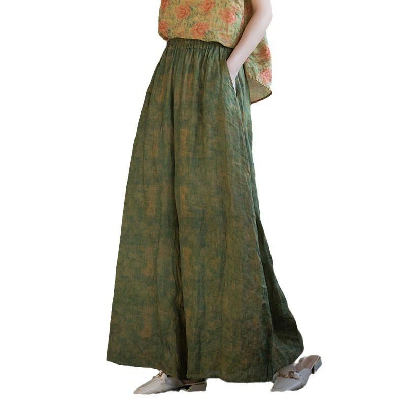 Womens Linen Blend Wide Leg Flowy Trousers Vintage Print High Waist Loose Fit Casual Pants