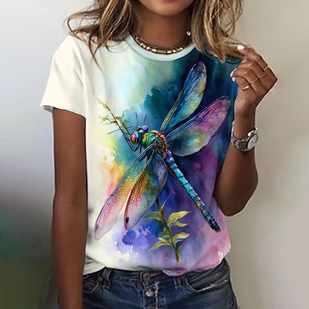 Retro Gradient Tie Dye Dragonfly Print Round Neck Women's T-shirts Casual Fashion Short Sleeved Top