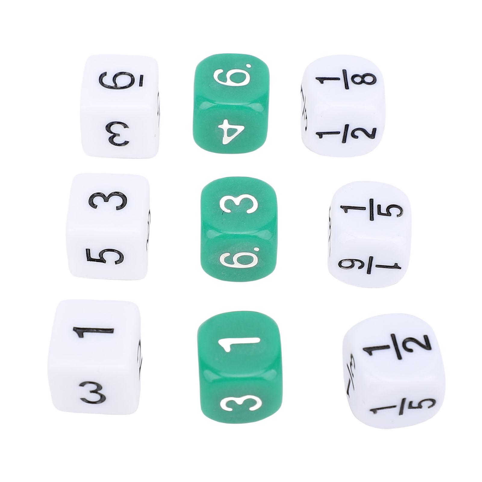 

30 шт. 6-гранных числовых кубиков, пластиковые, белые, зеленые, 16 мм, набор кубиков с дробями для настольных игр, обучения математике