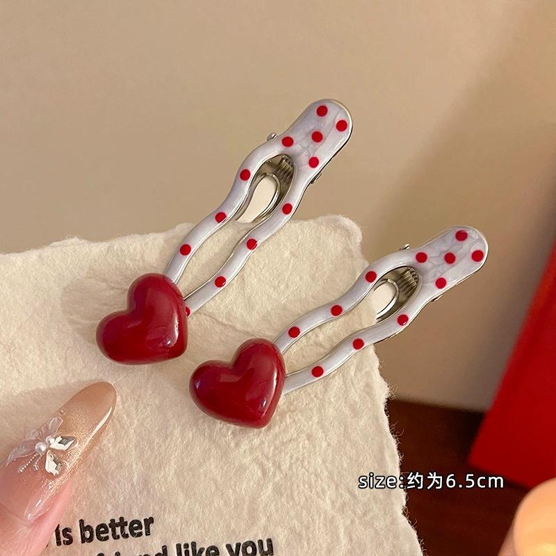 2Pcs Red Heart Cherry Dot Hair Clip for Women Sweet Irregular Water Droplets Side Clip Simple Y2K Hair Accessories