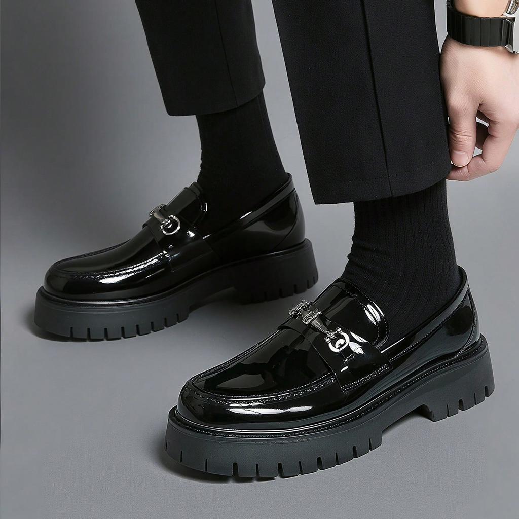 Fashion Classic Thick Sole Men's Penny Loafers Slip-On Business Dress Shoes Gentleman Glossy  Buckle Formal Party Black Shoes