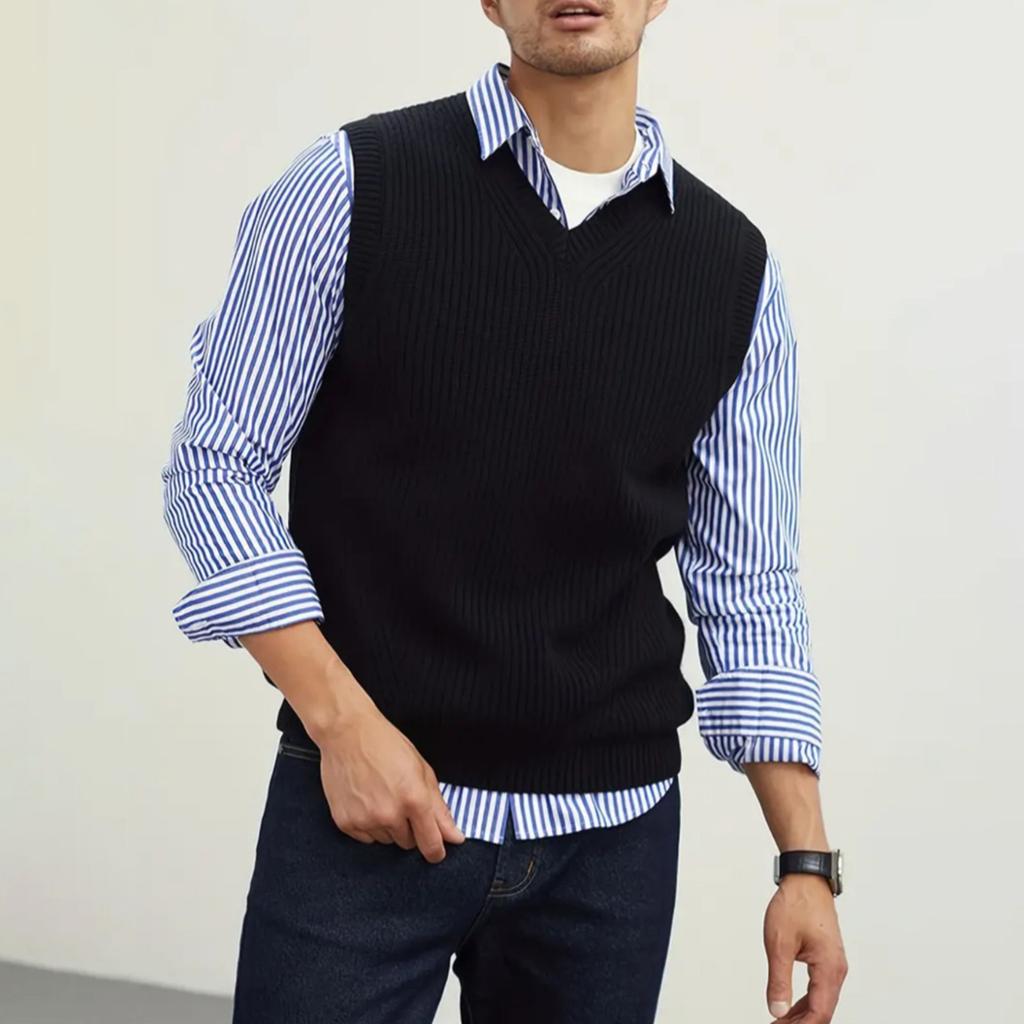 Men's Sleeveless Sweater College Style Vest V-Neck Fashion Waistcoat Sweater Vest