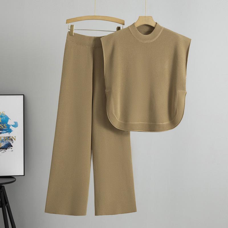 

Летняя мода Женский трикотажный топ без рукавов и брюки широкого кроя, комплект из двух предметов One Size хаки