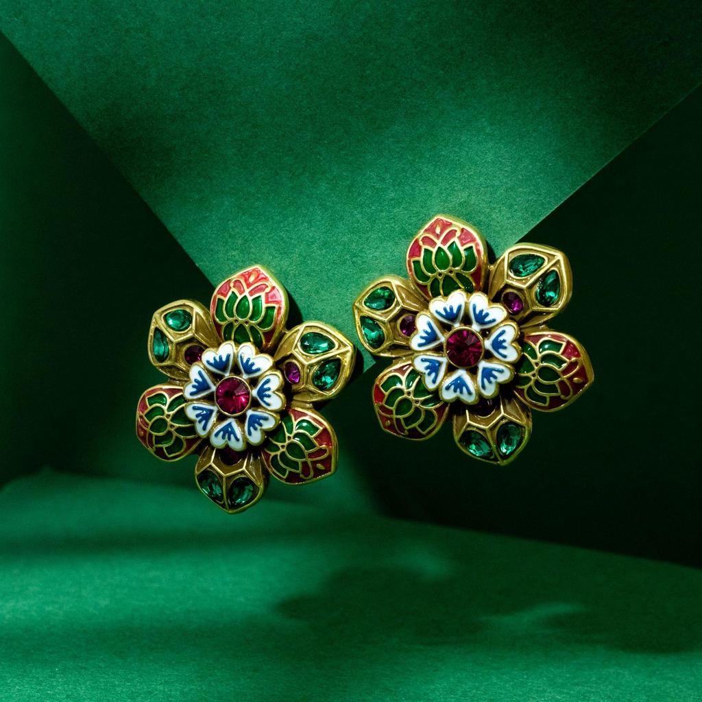 Retro Ethnic Enamel Emerald Flower Zen Lotus Silver Stud Earrings