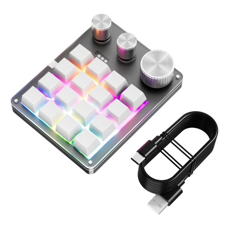 

USB C Macro Keypad with 16-Key and 3 Knobs Programmable Mechanical Gaming Keyboard for Efficiency Gaming and Office