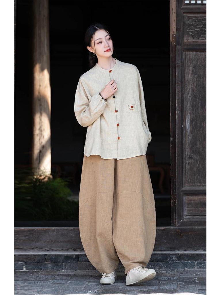 Women's Retro Cotton Linen Color Block Frog Button Cardigan Shirt