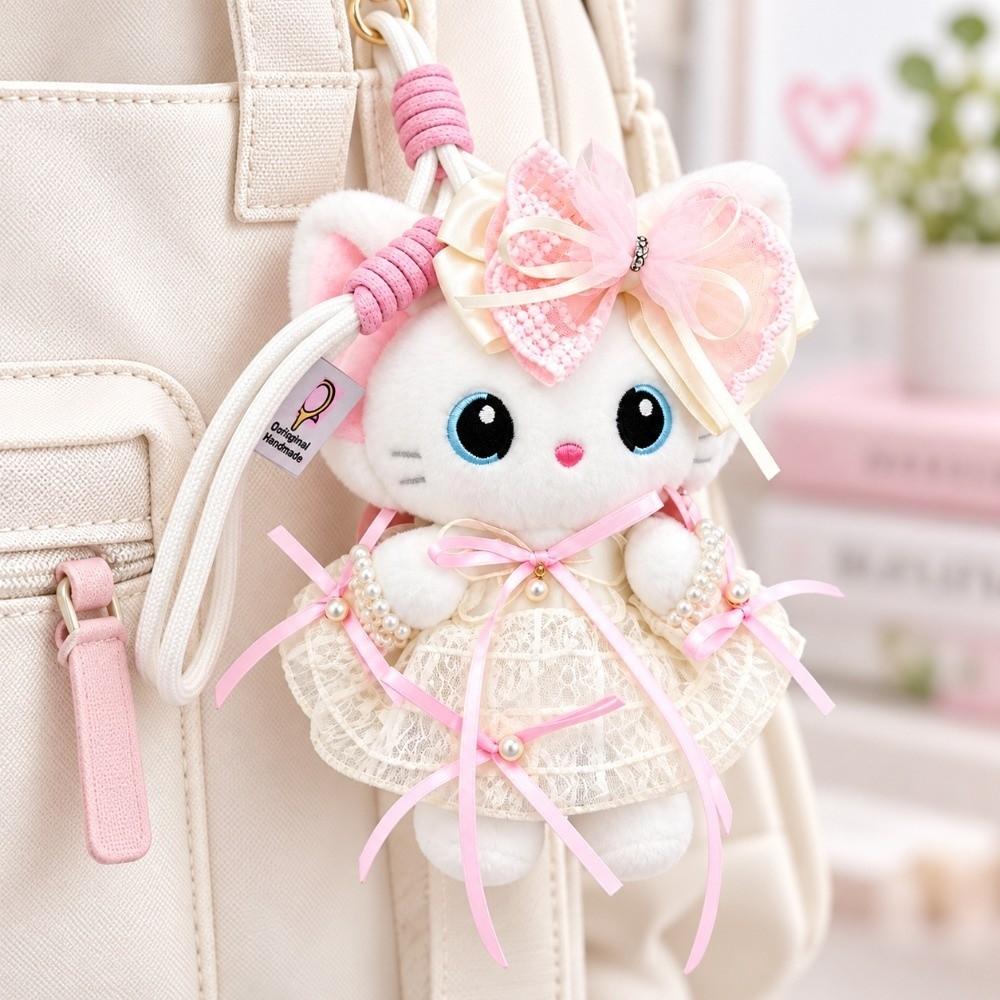 Lace Bowknot Plush Cat Keychain Soft Desk Mascot Charm Sweet Bag Accessory Desktop Decor