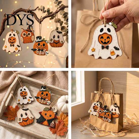 Cartoon Wooden Wall Decorations Vintage Halloween Hanging Ornaments, Rustic Pumpkin Owl Ghost Farmhouse Ornaments Tree Decoration with Rope for Window