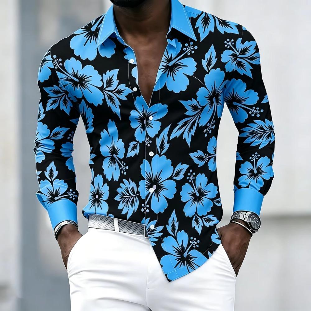 Herren Retro-Blumenprint Langarmhemd mit schwarzem Hintergrund, Hell