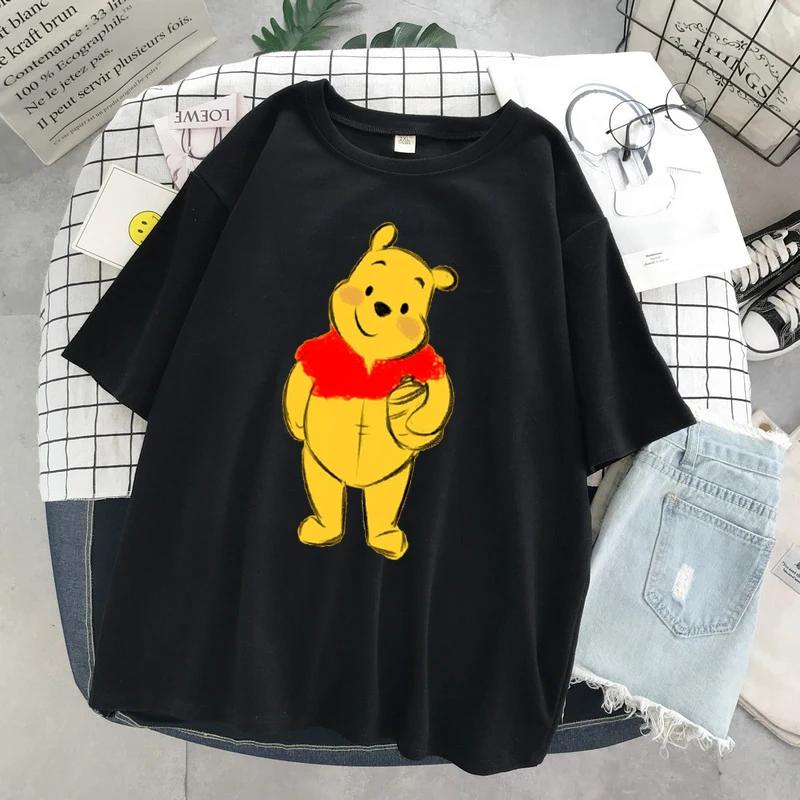 MINISO Winnie Disney Women Men Tshirts Pooh Bear Cartoon Kawaii Tops Fashion Oversized Clothing Short Sleeve Hotselling Top