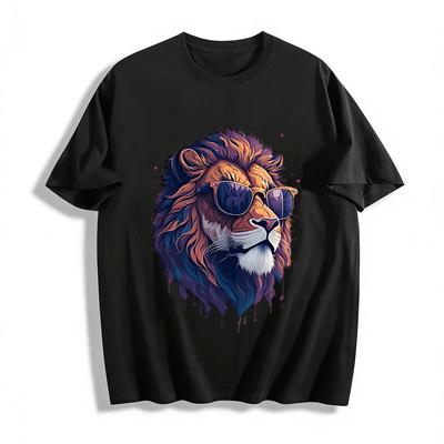 Cool Sunglasses Lion Print Trendy Street Style Loose Casual T-Shirt Pure Cotton T-shirt