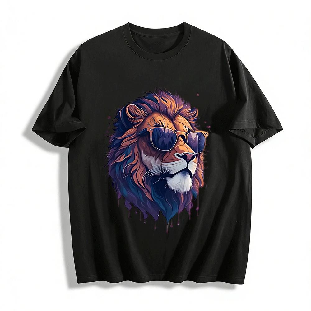 Cool Sunglasses Lion Print Trendy Street Style Loose Casual T-Shirt Pure cotton T-shirt XXS