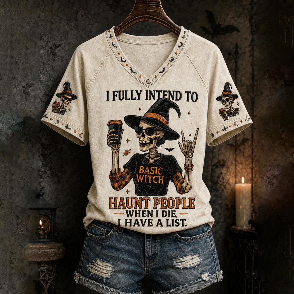 Dames Halloween V-hals T-shirt met Raglanmouwen, Casual Korte Mouw Tee Top