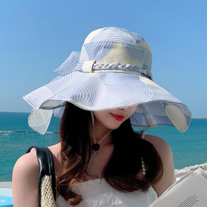WTEMPO Retro Elegant Wide Brim Mesh Bow Large Sun Hats Women's Summer Casual Versatile Outdoor Beach Holiday Sunshade Hats