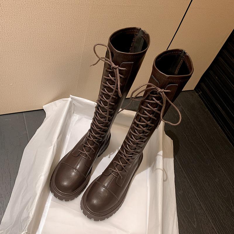 Leather platform-soled Martin boots lace-up knight boots British style heightening boots lace-up round head platform women's boots